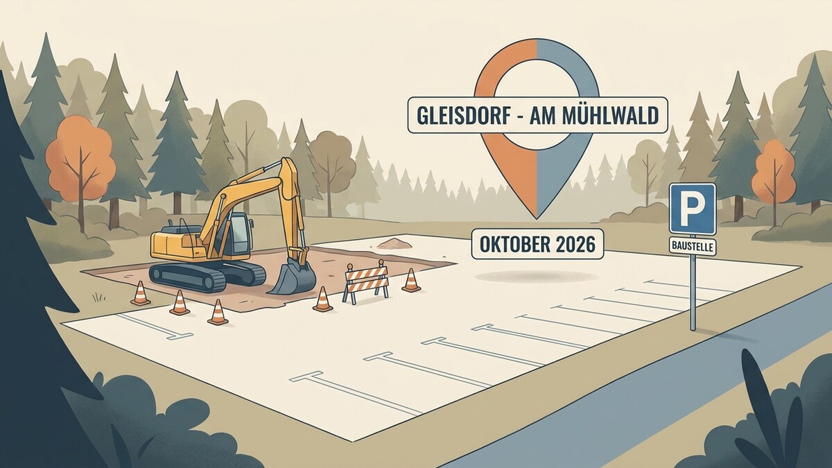 Baustelle Gleisdorf am Mühlwald mit Bagger und Parkplatzmarkierungen, Oktober 2026