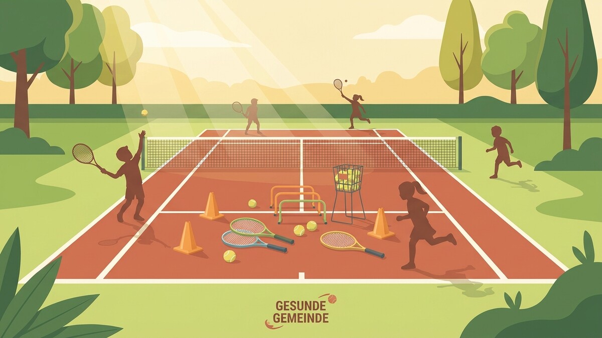 Tennisplatz mit Kindern beim Training und Tennisschlägern, Bällen und Hütchen.