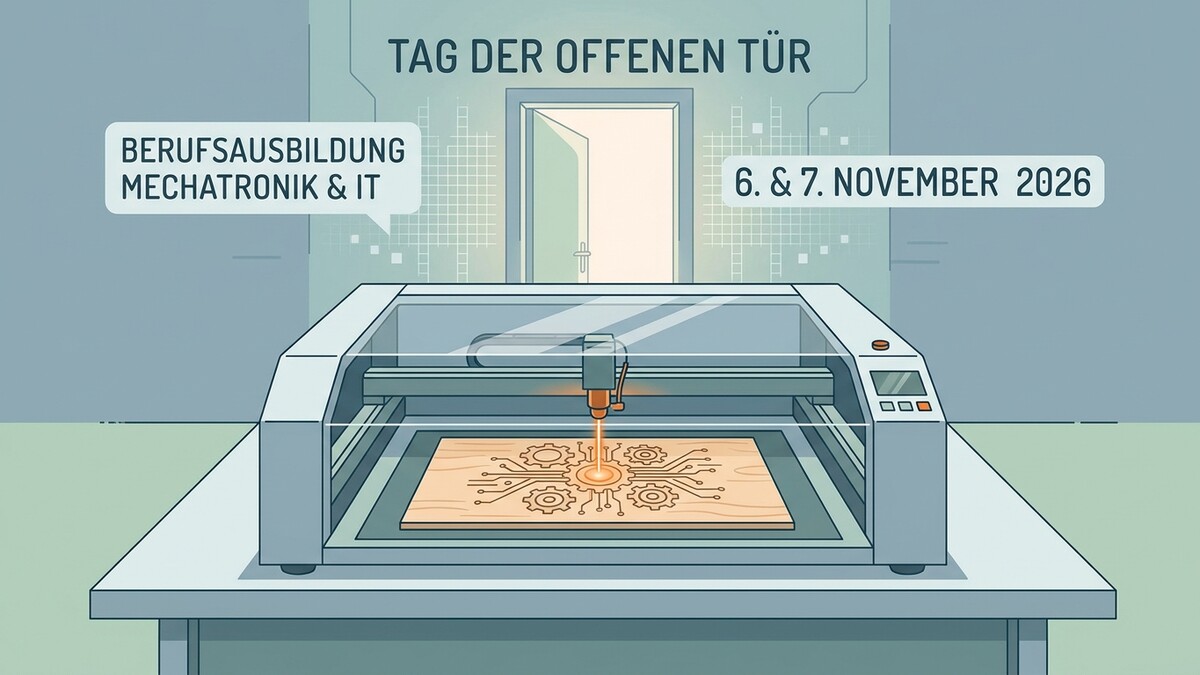 Tag der offenen Tür Berufsausbildung Mechatronik & IT 6. & 7. November 2026 Lasercutter graviert Holzplatte mit Zahnrädern