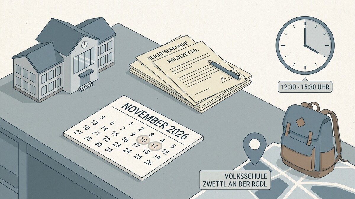 Volksschule Zwettl an der Rodl: Kalender mit 10. & 11. November, Geburtsurkunde, Meldestempel, Rucksack