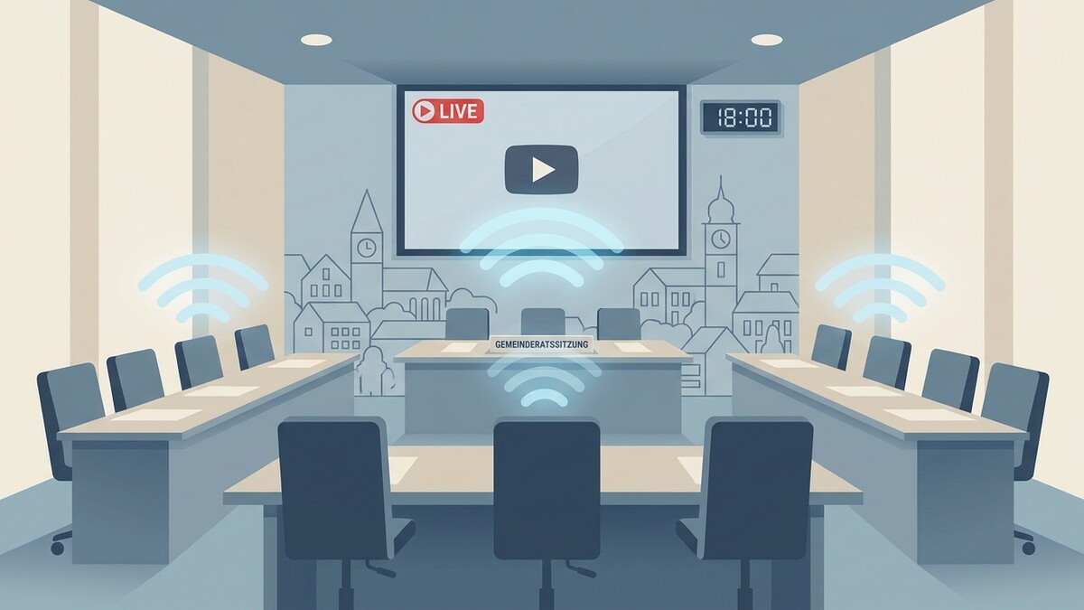 Gemeinderatssitzung im Livestream mit WLAN-Symbolen in einem Sitzungssaal mit Stadtkulisse