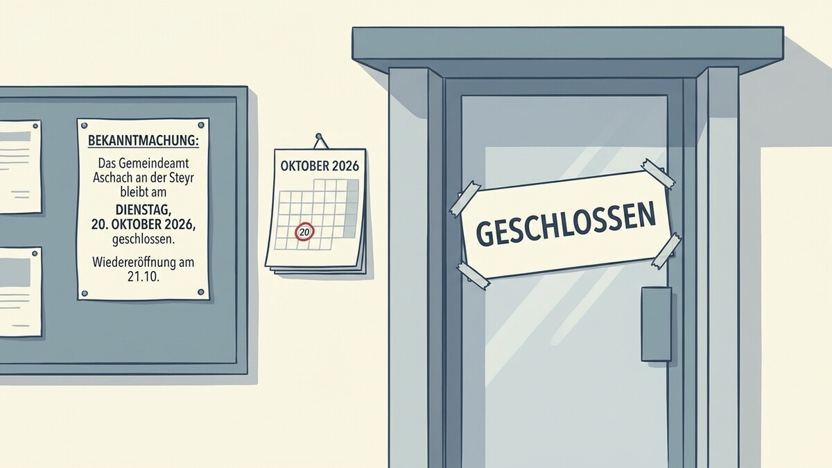 Gemeindeamt Aschach an der Steyr geschlossen am 20.10.2026, Kalender, Tür mit Schild.
