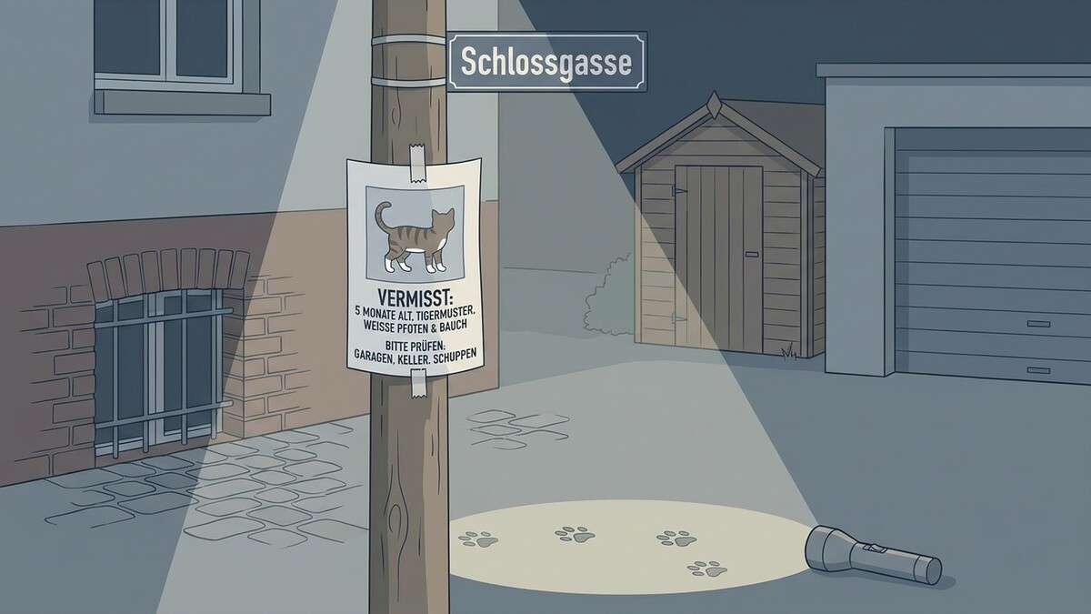 Vermisstenplakat mit Katze in der Schlossgasse, beleuchtet von Taschenlampe