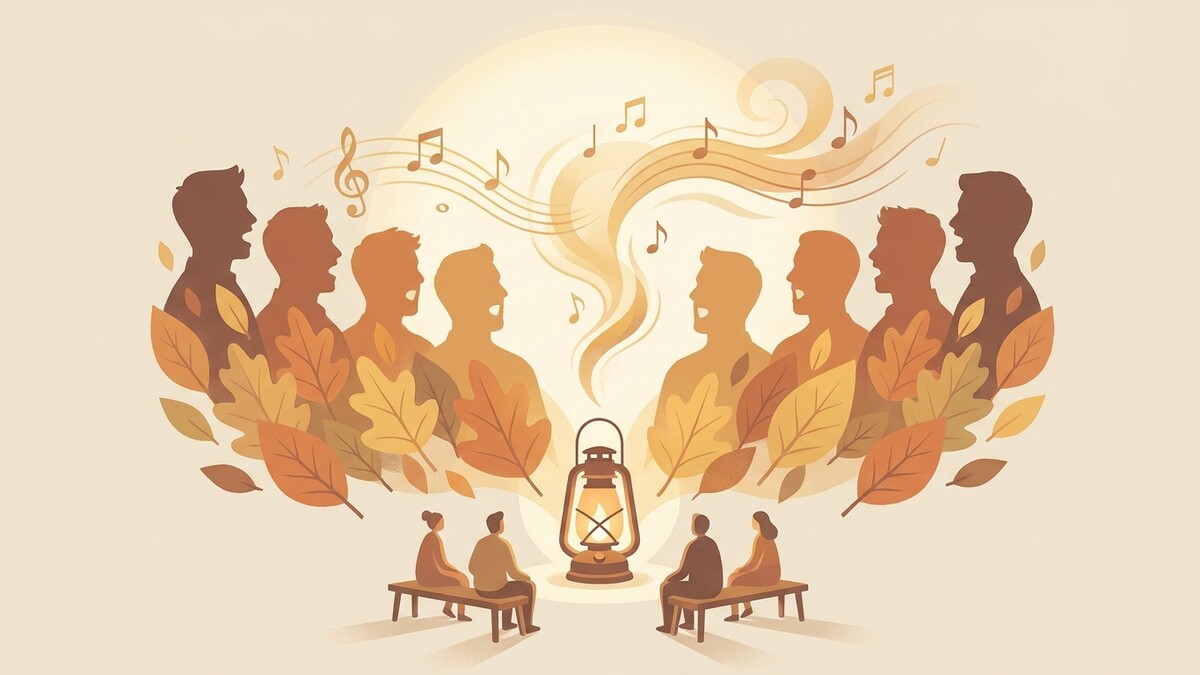 Chor-Silhouetten mit Herbstlaub und Noten über einer Laterne, Menschen auf Bänken