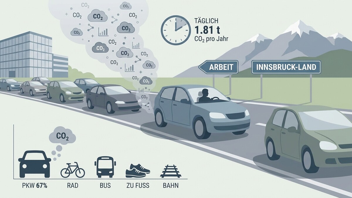 CO2-Ausstoß von Autos auf der Straße Richtung Innsbruck-Land mit Hinweisschildern Arbeit.