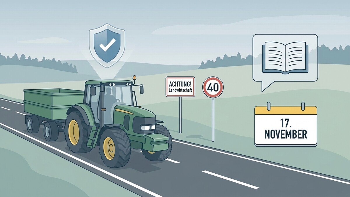 Traktor mit Anhänger auf Straße, Warnschild Landwirtschaft, 40km/h, Kalender 17. November