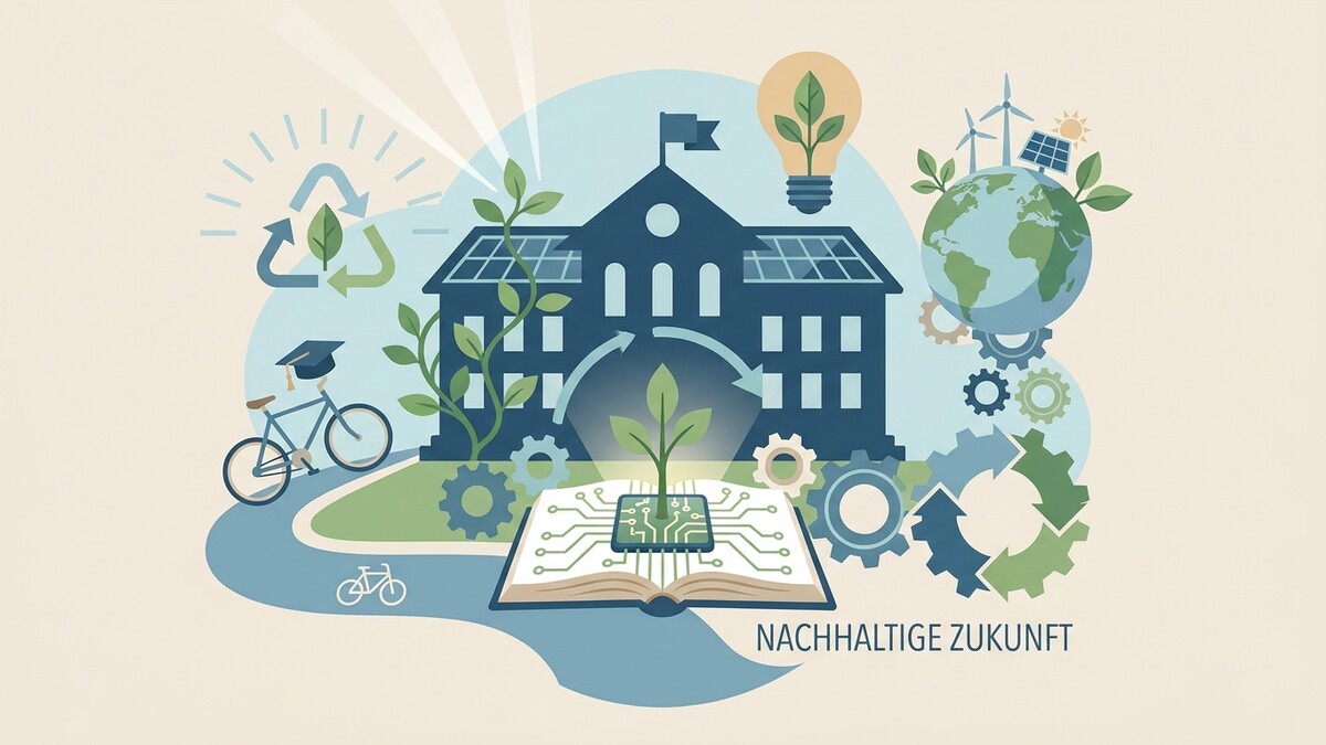 Nachhaltige Zukunft: Gebäude mit Solaranlagen, Erde, Fahrrad und Buch