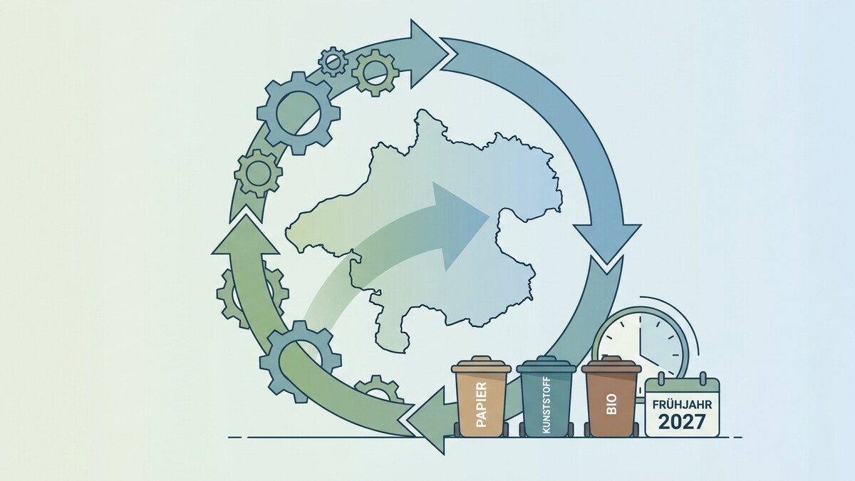 Kreislaufwirtschaft Steiermark mit Mülltonnen, Uhr und Kalender Frühjahr 2027