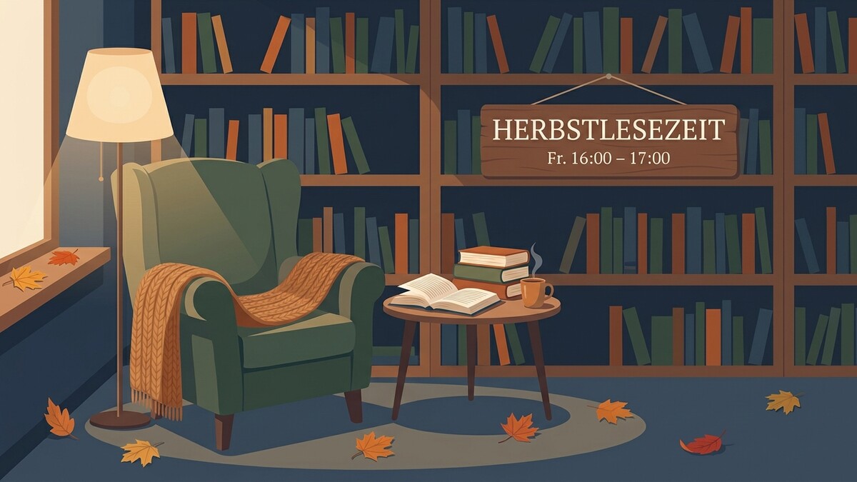 Herbstlesezeit vor Bücherregal mit Sessel, Tisch und Herbstlaub.