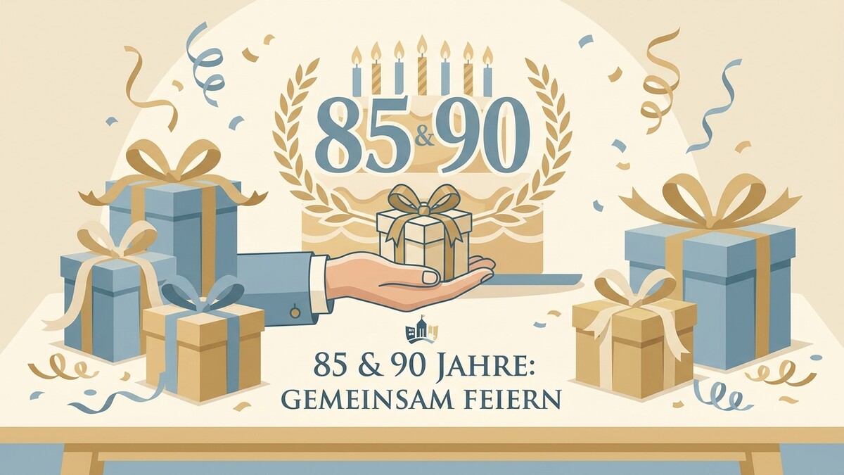 85 & 90 Jahre: Gemeinsam Feiern Illustration mit Geschenken und Konfetti