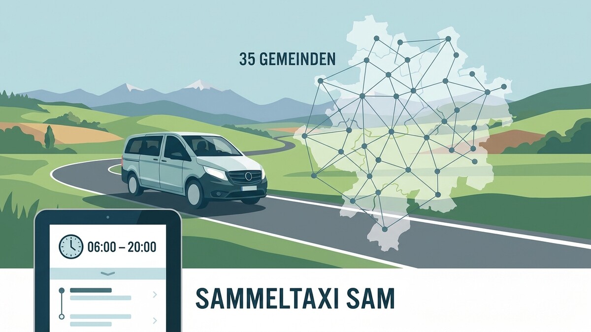 Sammeltaxi SAM mit 35 Gemeinden, Van auf Straße und Tablet mit Fahrzeiten