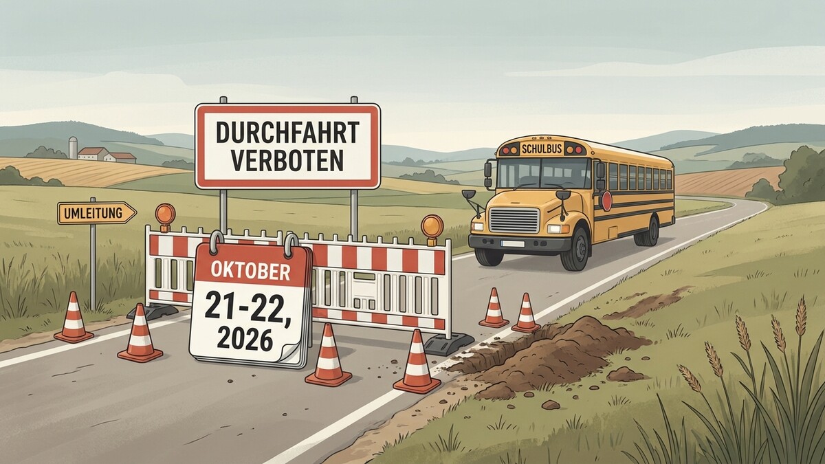 Schulbus vor Durchfahrt verboten-Schild und Baustelle auf Landstraße im Oktober 2026