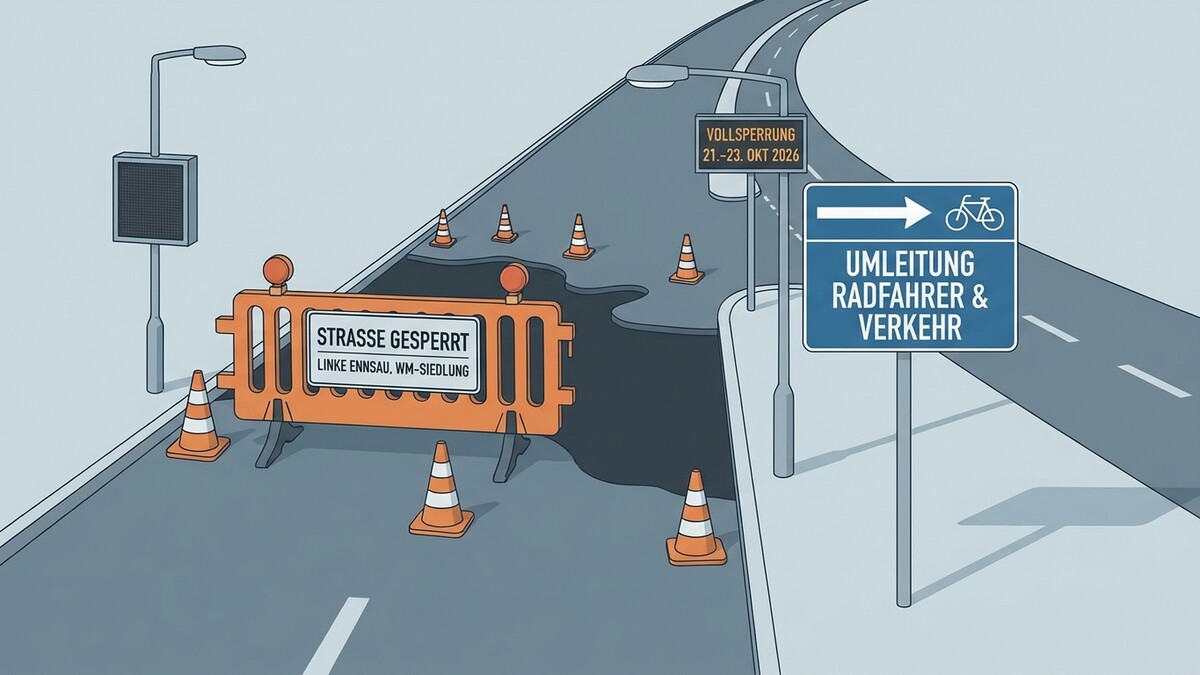 Straßensperre mit Umleitung für Radfahrer und Verkehr in Ennsau, Oberösterreich
