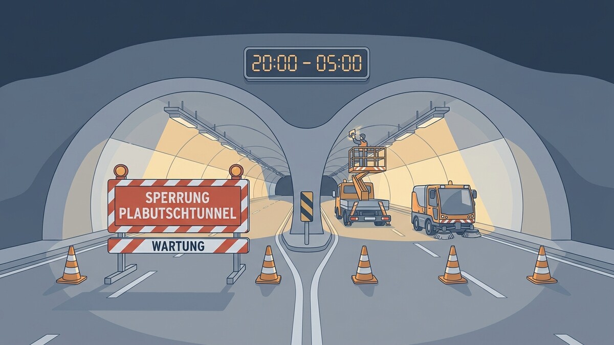 Plabutschtunnel Sperrung für Wartung mit Arbeitsbühne und Kehrmaschine