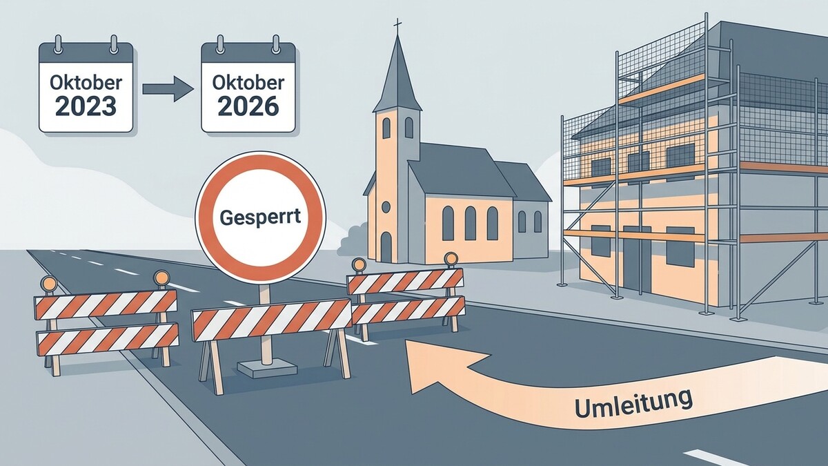 Umleitung wegen Sperre: Kalender Oktober 2023 bis Oktober 2026, Kirche und Baustelle