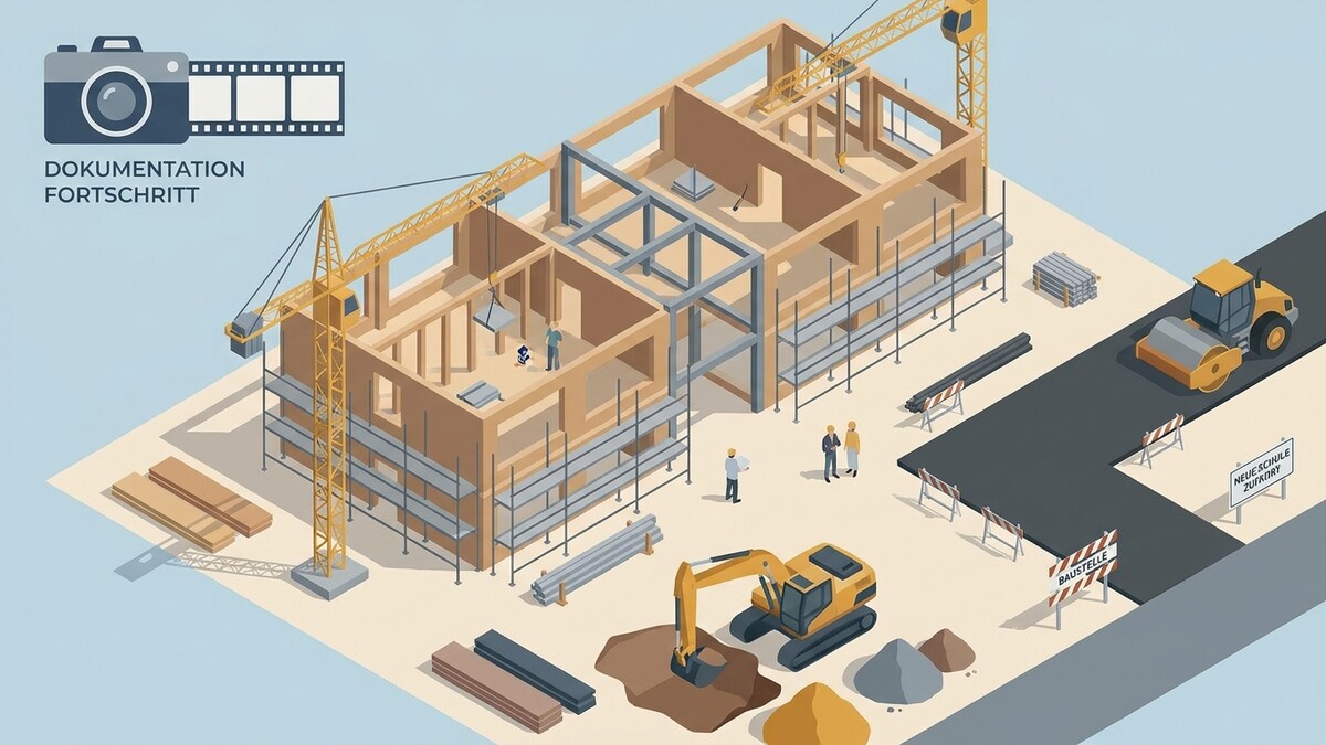 Baufortschritt: Rohbau mit Kränen, Bagger, Walze und Bauarbeitern auf Baustelle