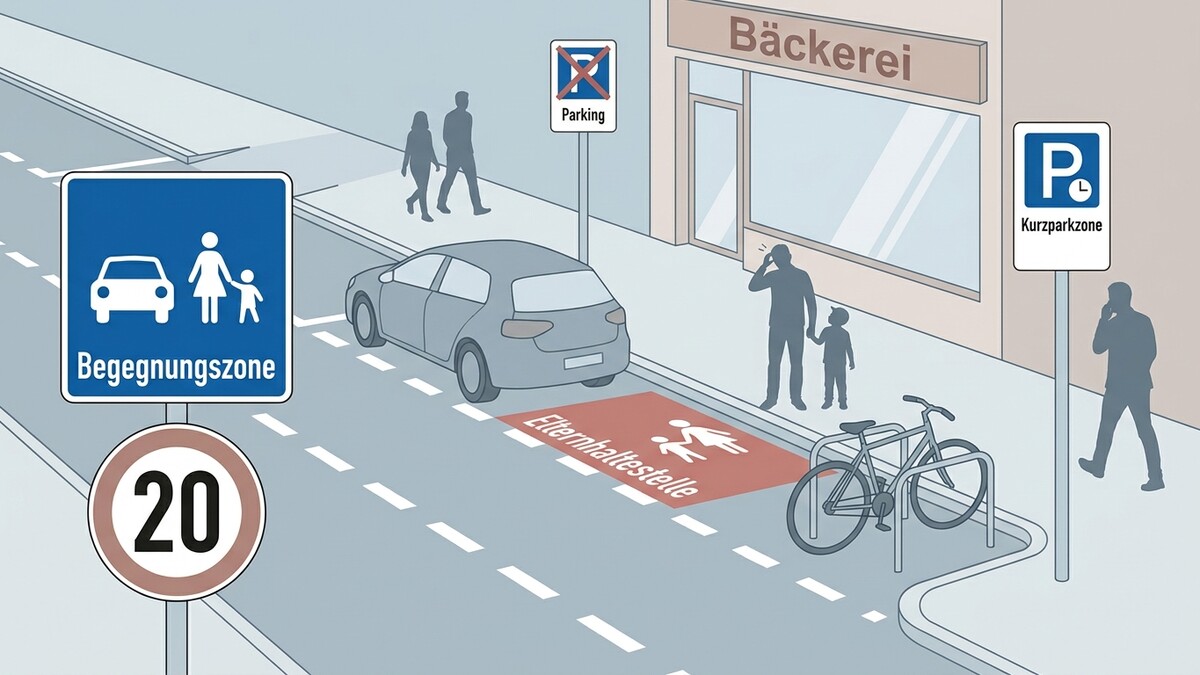 Begegnungszone mit Elternhaltestelle, Radständern, Bäckerei und Personen