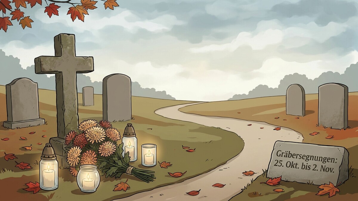 Friedhof im Herbst mit Kreuz, Gräbern, Kerzen, Blumen und Weg