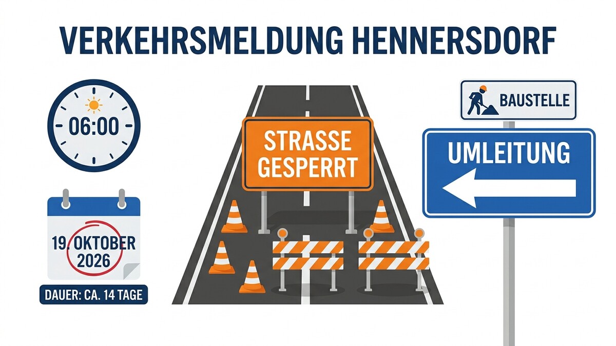 Verkehrsmeldung Hennersdorf: Straße gesperrt ab 19. Oktober 2026 für 14 Tage, Umleitung.