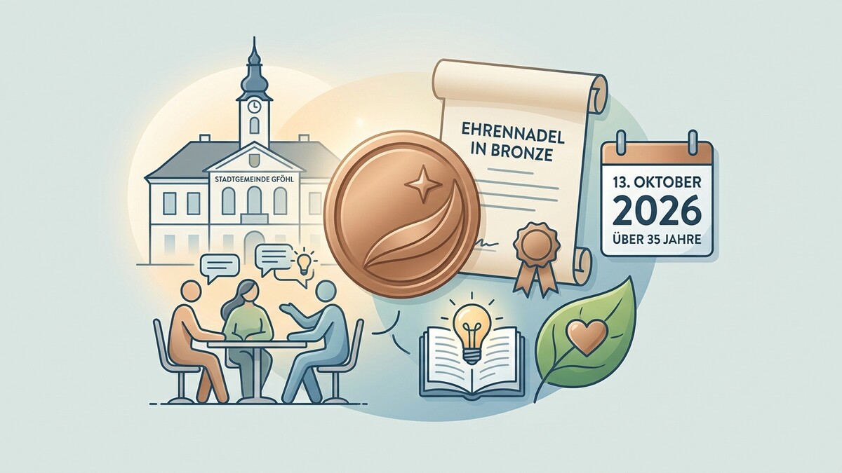 Ehrennadel in Bronze für 35 Jahre in der Stadtgemeinde Gföhl, Urkunde und Kalender