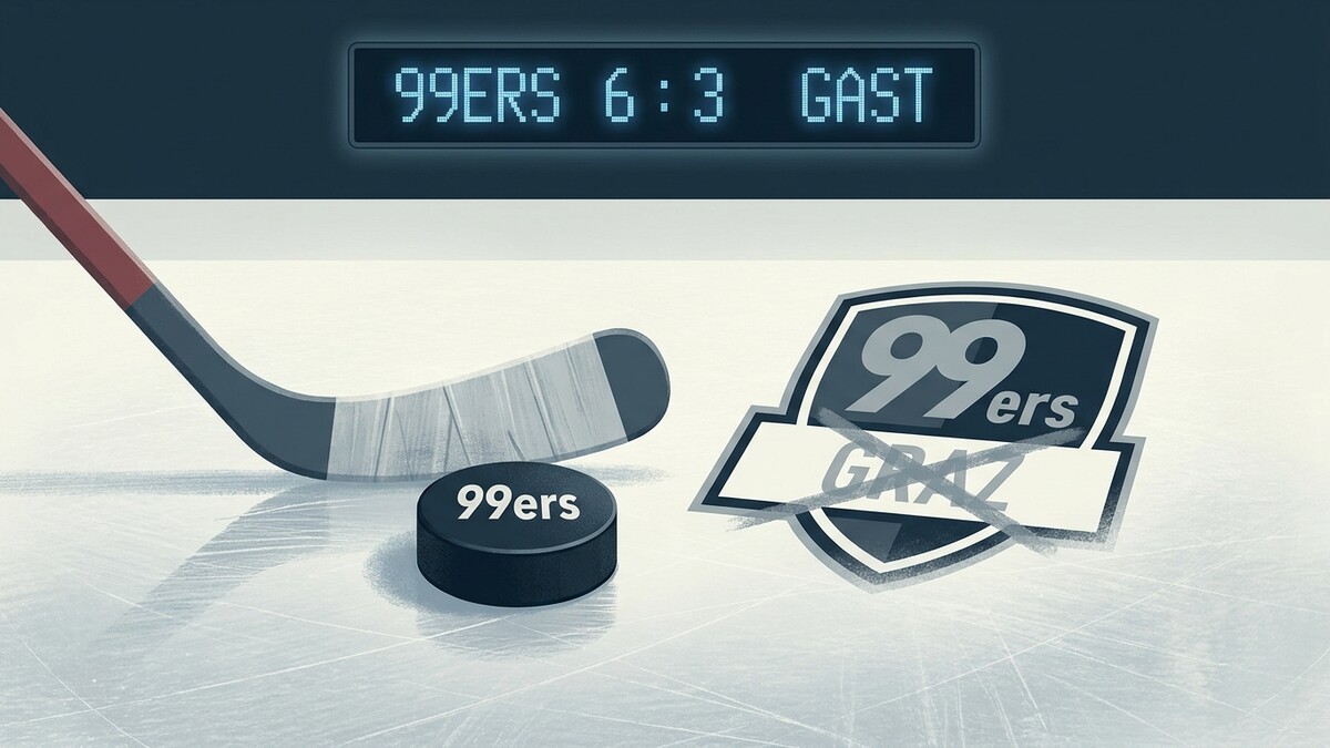 Eishockey-Spielstand 99ers 6:3 Gast mit Puck, Schläger und Logo der 99ers Graz.