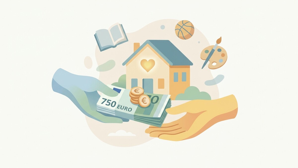 Geldübergabe für Haus, Bildung, Kunst und Sport mit Euro-Scheinen und Münzen