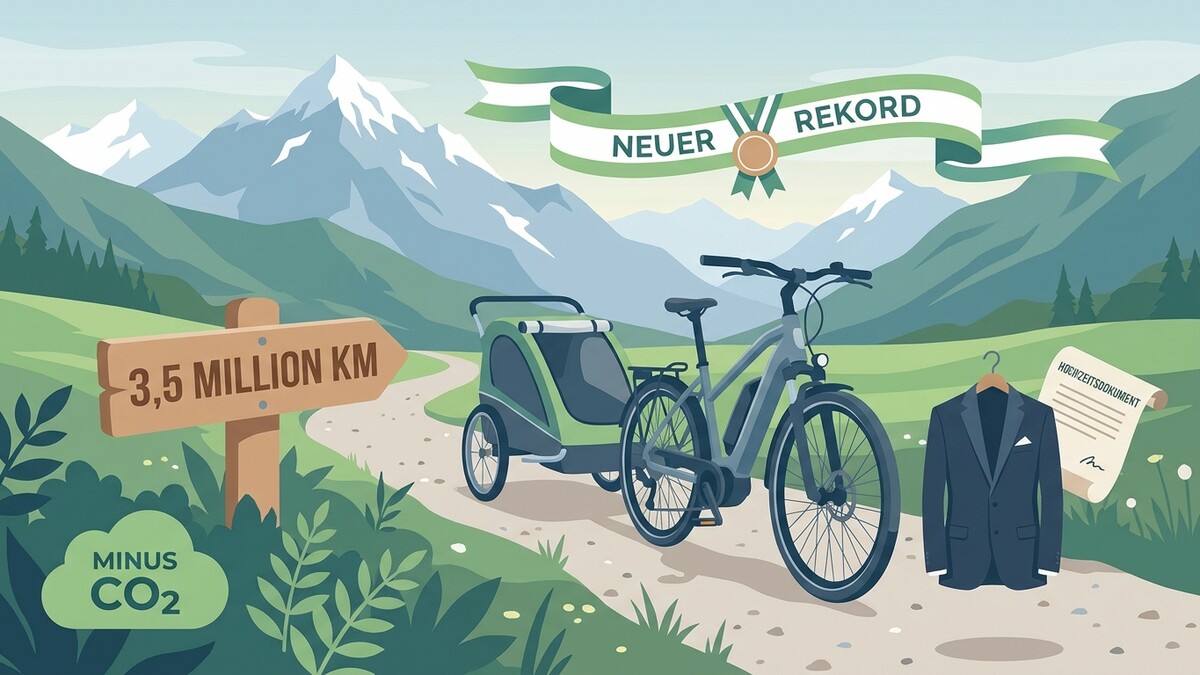 Fahrrad mit Kinderanhänger und Anzug vor Bergkulisse, Kilometerstein mit 3,5 Millionen, "Neuer Rekord"-Banner