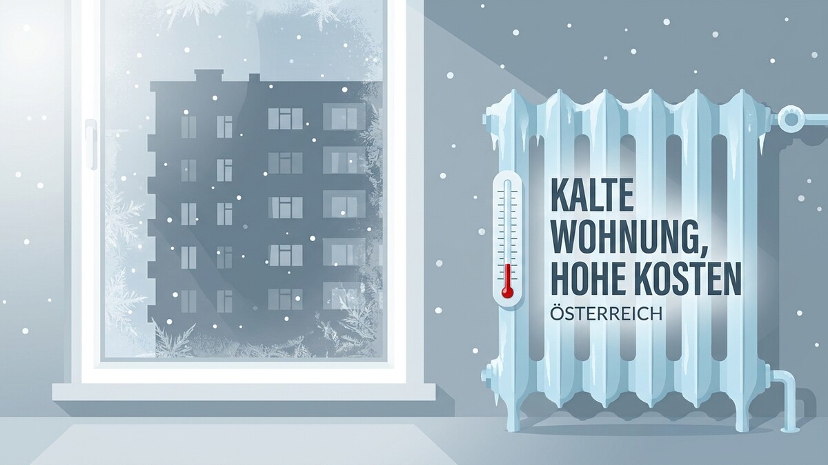 Heizkosten Österreich: Gefrorener Heizkörper mit Thermometer vor schneebedecktem Fenster
