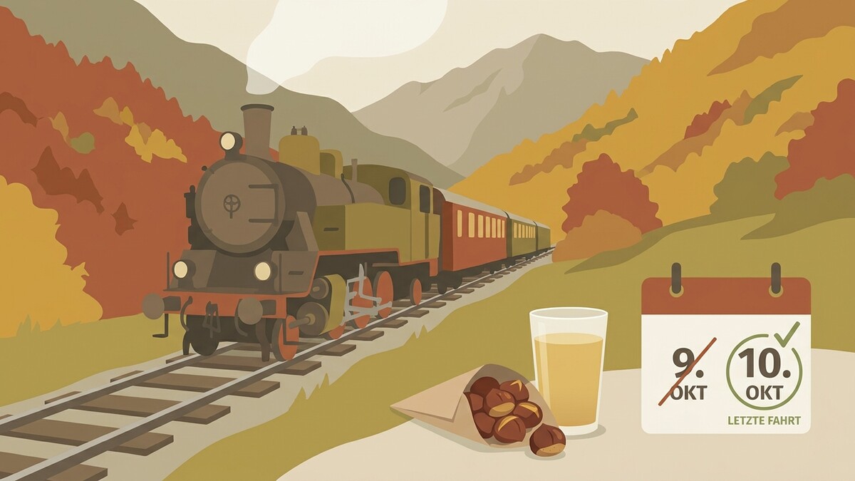 Dampflokomotive fährt durch Herbstlandschaft mit Maroni und Most, Kalender zeigt letzte Fahrt am 10. Okt.