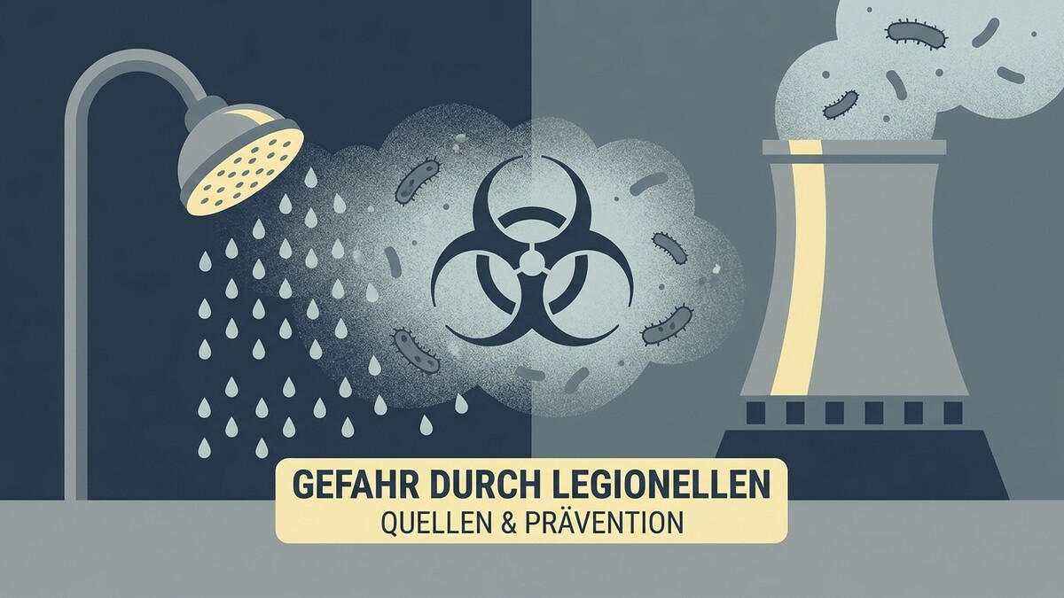 Legionellen: Duschkopf und Kühlturm mit Bakterien und Gefahrensymbol