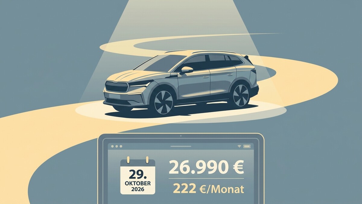 Auto auf einer Straße mit Kalender und Preisangabe 26.990 € / 222 €/Monat