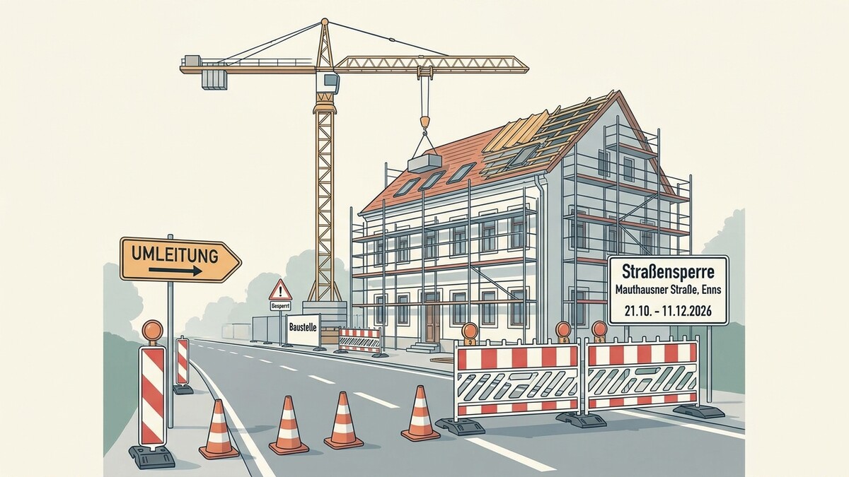 Baustelle in Enns mit Kran und Straßensperre auf der Mauthausner Straße