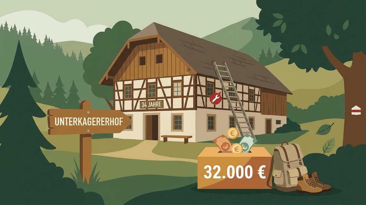 Unterkagererhof mit Spendenbox und Wanderausrüstung vor Bergkulisse