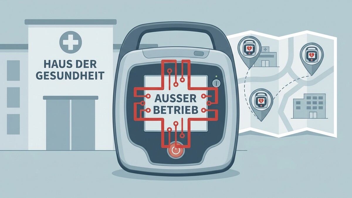 Defibrillator außer Betrieb vor Haus der Gesundheit mit Karte und Standorten