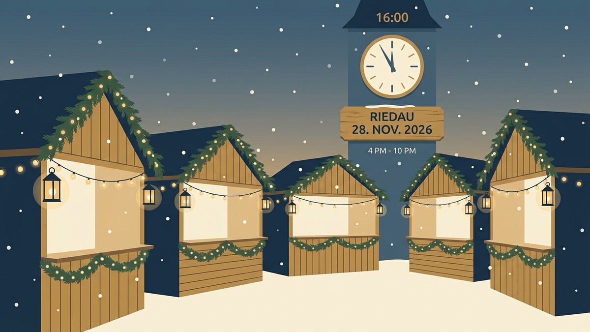 Weihnachtsmarkt Riedau am 28. Nov. 2026 mit Christbaumschmuck und Laternen