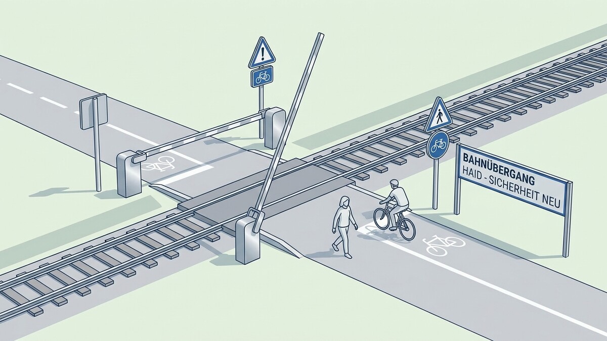 Bahnübergang Haid-Sicherheit Neu mit Radweg und Fußgängern, Schranke geöffnet