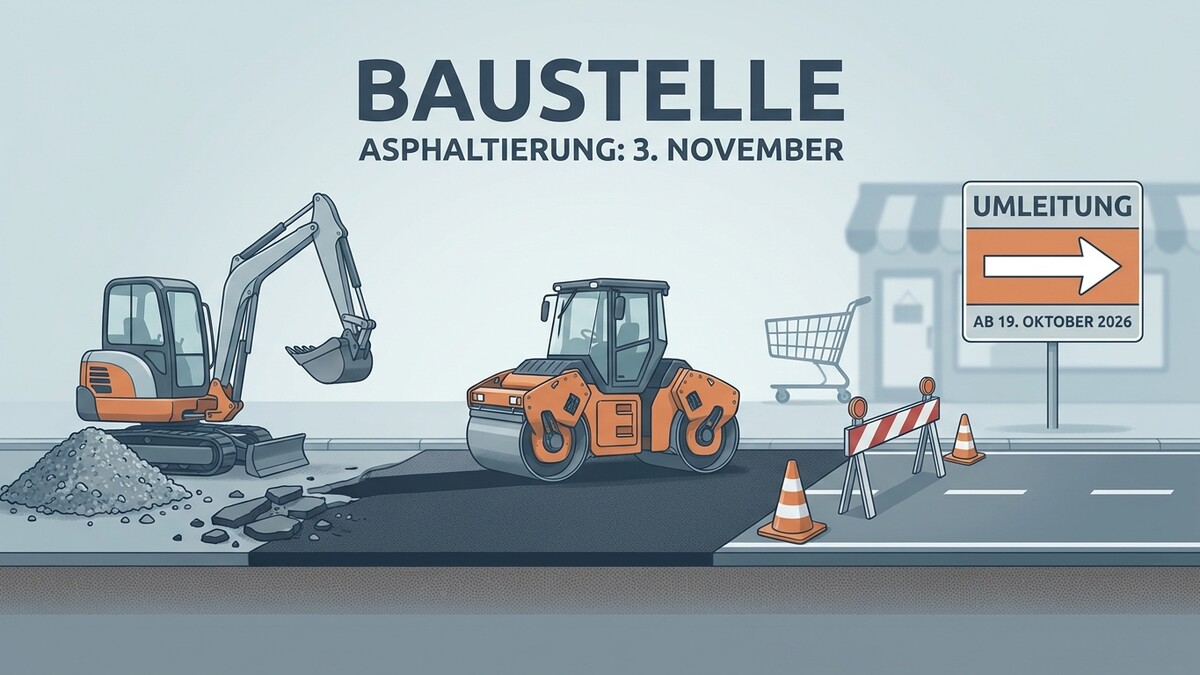 Baustelle: Asphaltierung am 3. November mit Bagger, Walze und Umleitungsschild