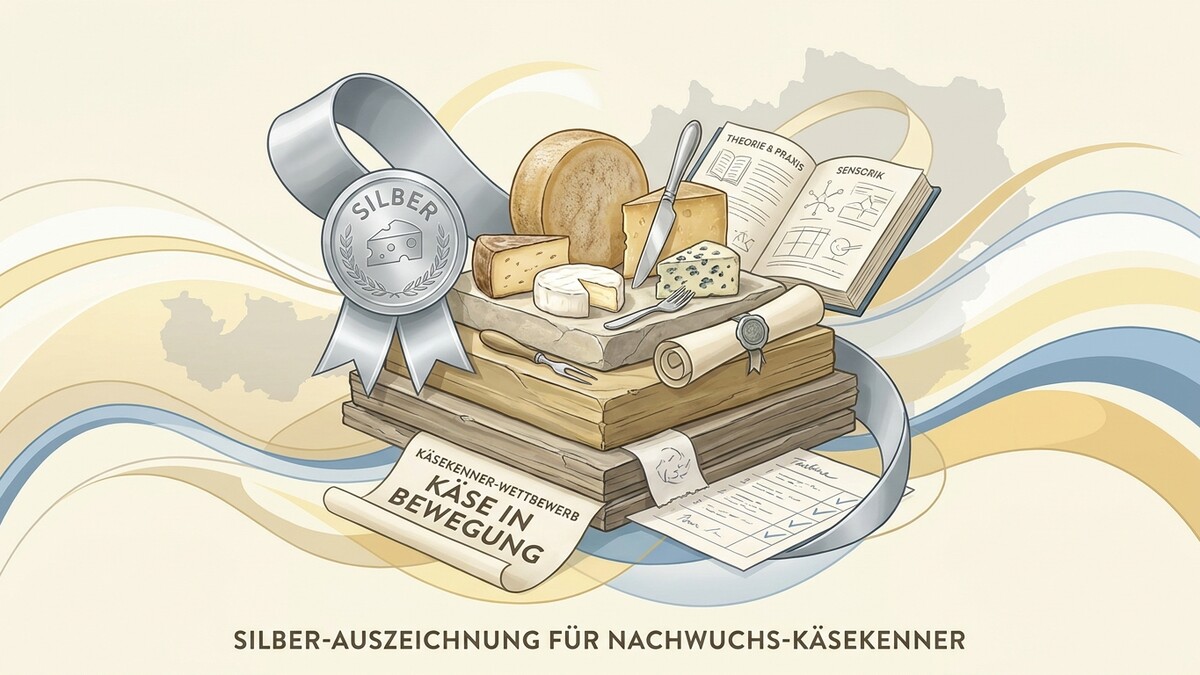 Silber-Auszeichnung für Nachwuchs-Käsekenner mit verschiedenen Käsesorten, Büchern und Urkunden
