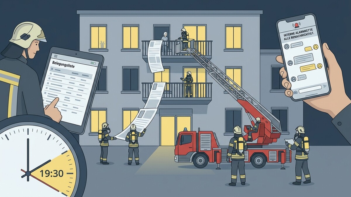 Feuerwehr im Einsatz mit Drehleiter, Tablet und Smartphone vor Wohnhaus