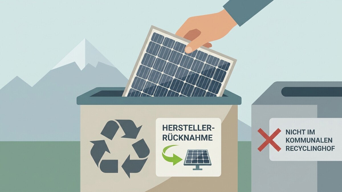 Solarpanel wird in Behälter für Hersteller-Rücknahme gelegt, neben einem Behälter mit Verbotsschild.