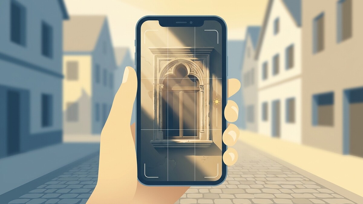 Smartphone fotografiert kunstvolles Fenster im historischen Stadtzentrum
