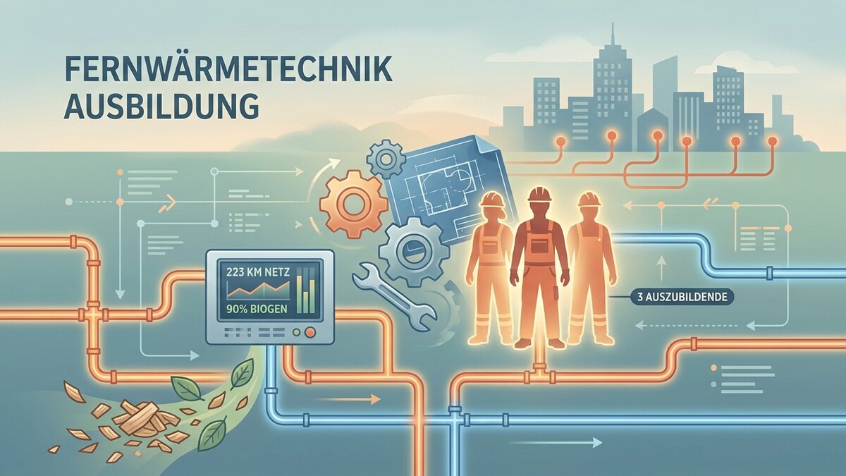Fernwärmetechnik Ausbildung: drei Auszubildende, Rohrsystem, Stadtkulisse