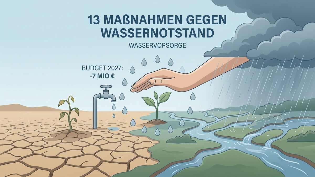 Wasserversorgung: 13 Maßnahmen gegen Wasserknappheit, Budget 2027: -7 Mio. €