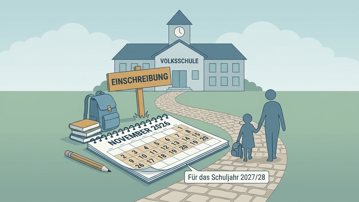Einschreibung für das Schuljahr 2027/28 vor einer Volksschule mit Kalender und Schulutensilien