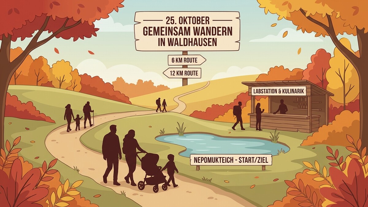 Gemeinsam Wandern in Waldhausen: Familien und Wanderer im Herbstlaub, Labstation & Kulinarik