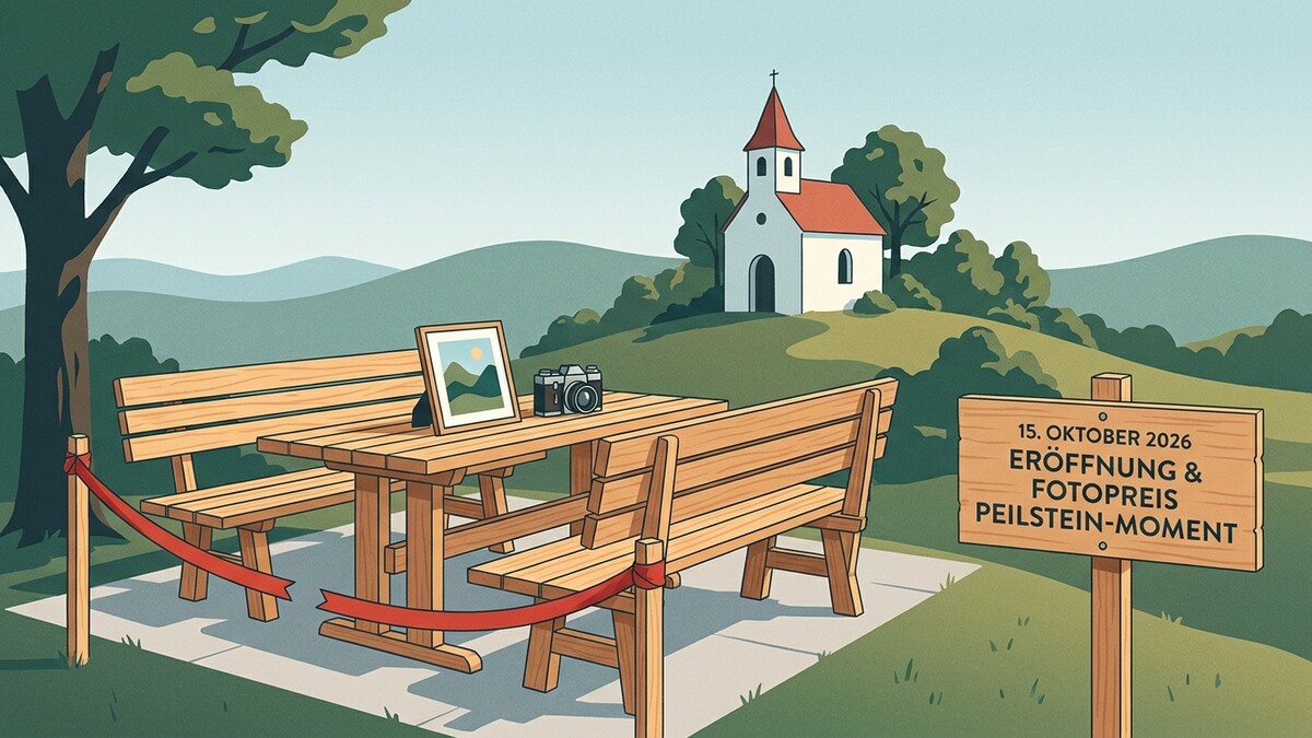 Eröffnung & Fotopreis Peilstein-Moment 15.10.2026 mit Picknicktisch, Bänken, Bild und Kameras vor Kirche