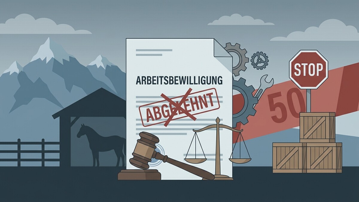 Arbeitsbewilligung abgelehnt mit Waage, Hammer und Berglandschaft