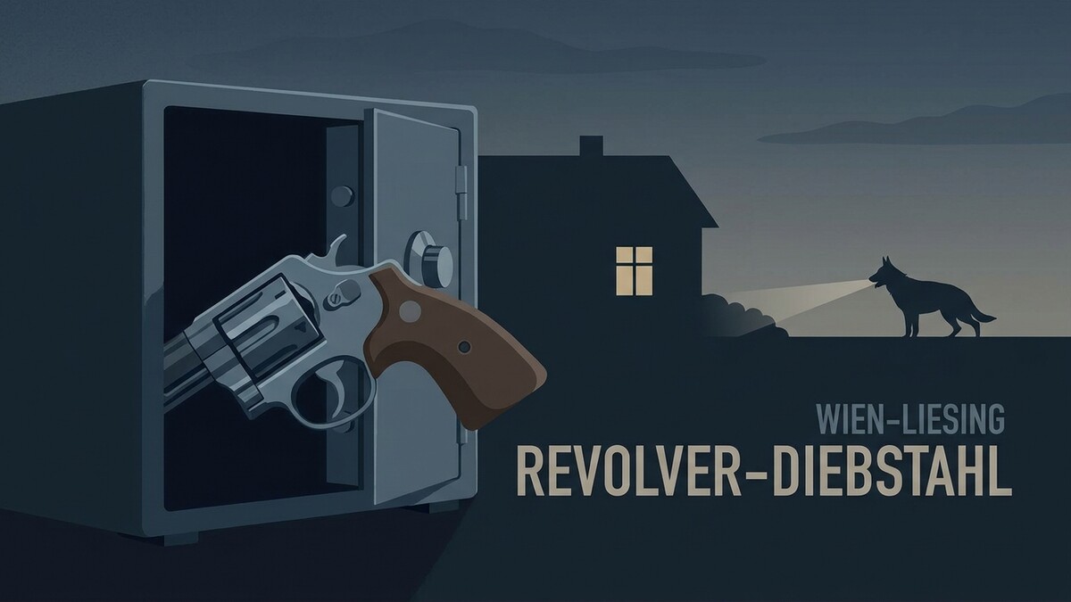 Revolverdiebstahl in Wien-Liesing: Ein Revolver ragt aus einem offenen Safe, ein Hund mit Taschenlampe leuchtet vor einem Haus.