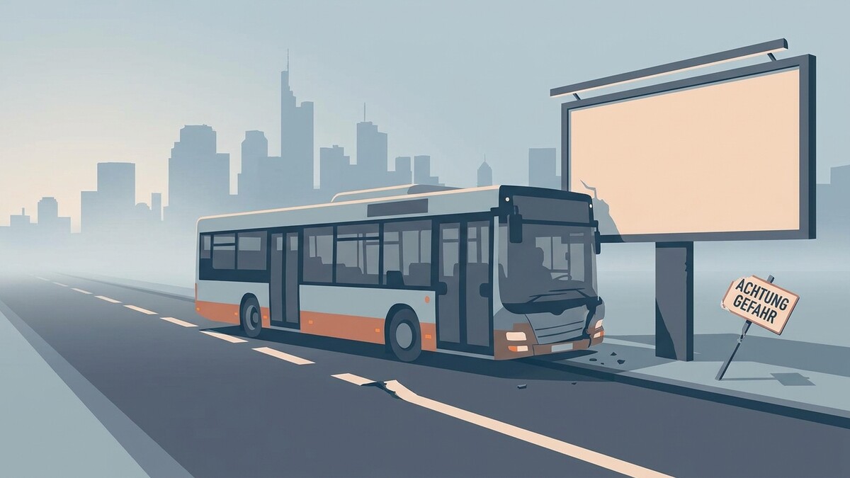 Bus auf Straße vor Stadtkulisse mit leerer Werbetafel und Warnschild