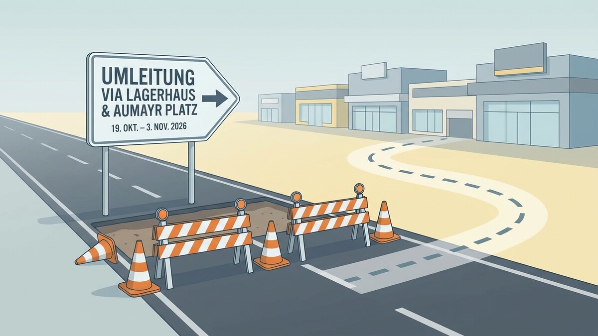 Umleitung Lagerhaus & Aumayr Platz: Baustelle mit Absperrung und Umleitungsschild